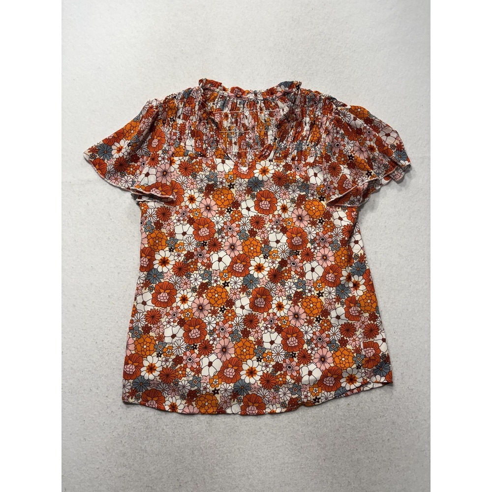 Blouse Womens Small Multicolor Floral Round Neck Short Flutter Sleeve Boho Top
